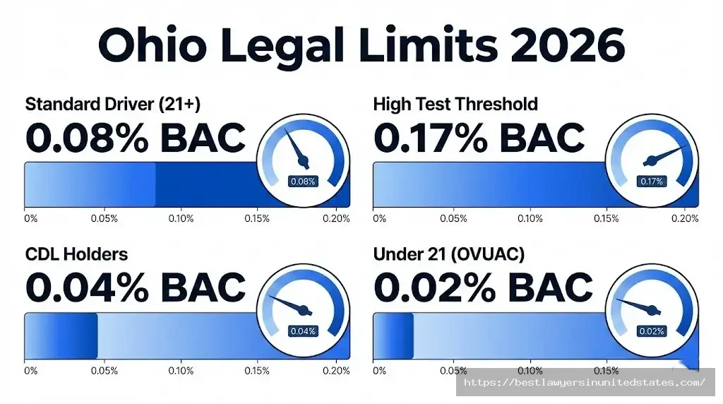 Ohio BAC limits 0.08% standard, 0.17% high test, 0.04% CDL, 0.02% underage drivers - complete guide 2026