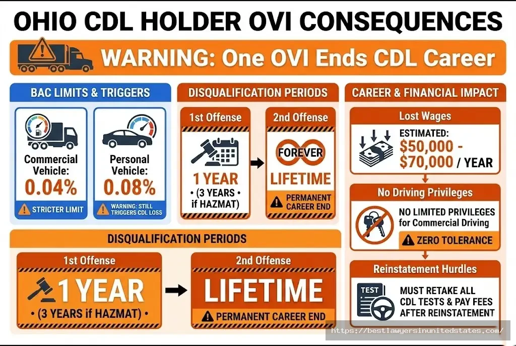 Ohio CDL OVI penalties 0.04% limit, lifetime disqualification for 2nd offense, commercial driver consequences