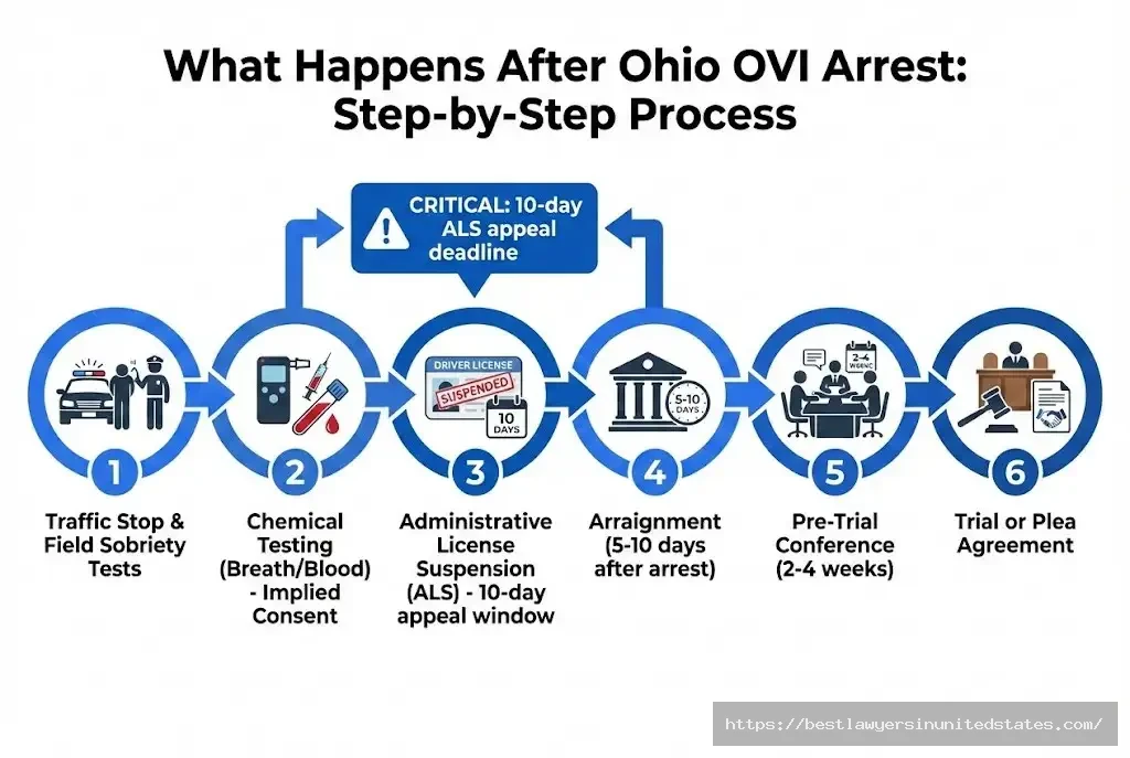 Ohio OVI arrest process: traffic stop to trial timeline with 10-day appeal deadline for license suspension