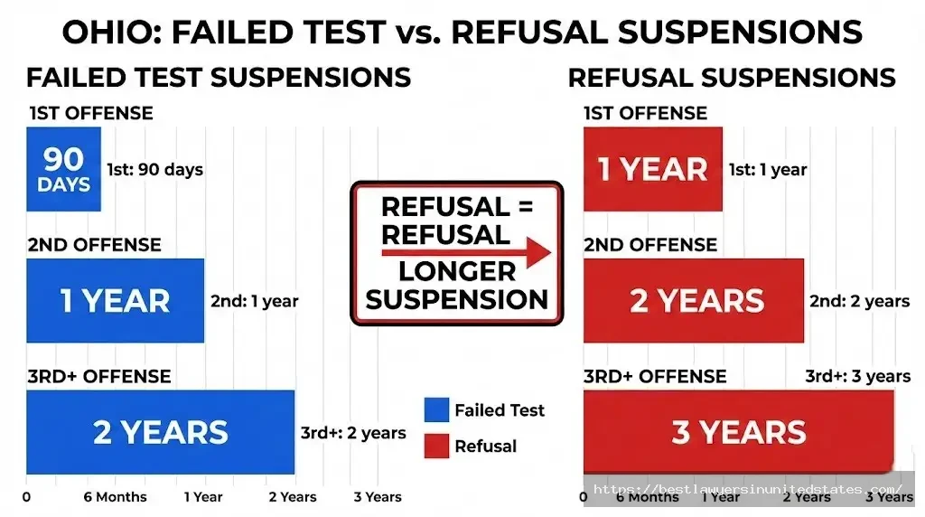 Ohio OVI license suspension comparison failed test vs refusal penalties for 1st, 2nd, 3rd offenses