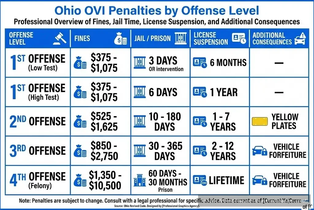Ohio OVI penalties chart showing fines, jail time, and license suspension for 1st through 4th offenses in 2026