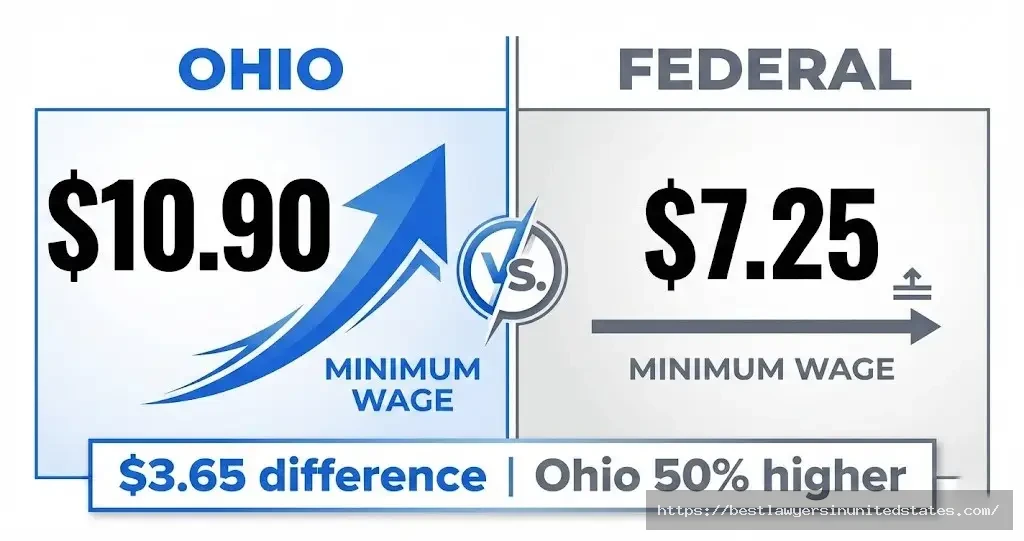 Ohio minimum wage comparison showing $10.90 state rate versus $7.25 federal rate, $3.65 difference