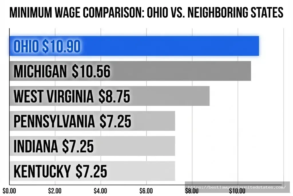 Ohio minimum wage comparison with neighboring states showing Ohio at $10.90 highest among border states