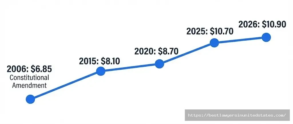 Ohio minimum wage history timeline from 2006 constitutional amendment at $6.85 to 2026 projected $10.90
