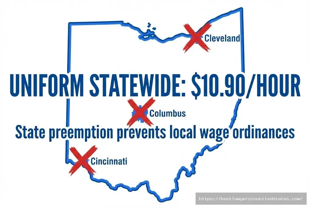 Ohio minimum wage map showing statewide $10.90 rate with state preemption preventing Columbus Cleveland Cincinnati local ordinances