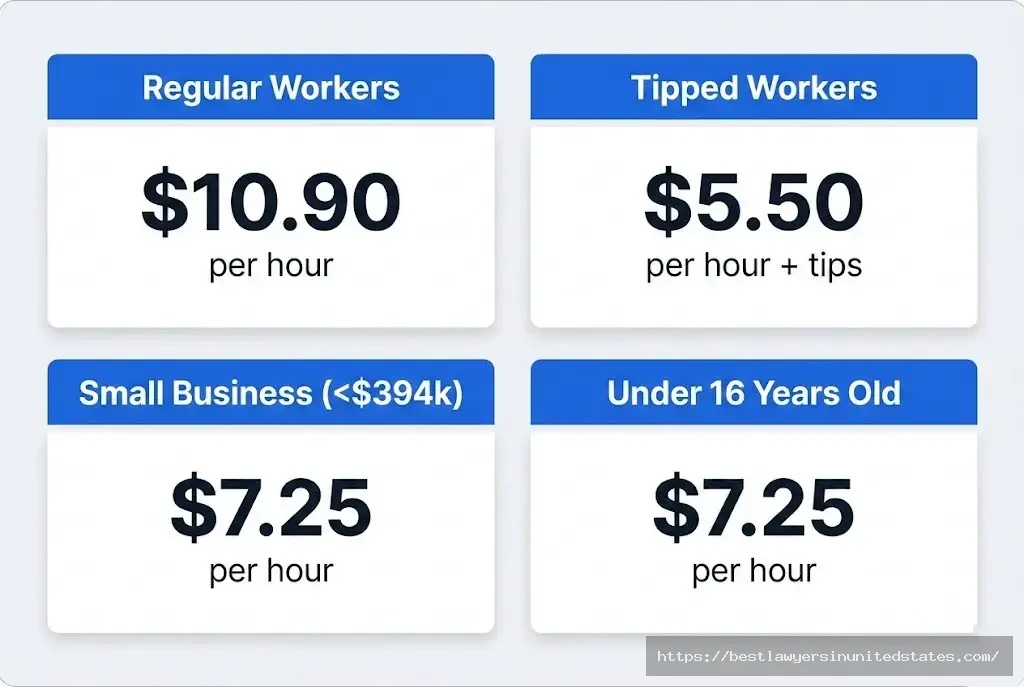 Ohio minimum wage rates by worker category showing $10.90 regular, $5.50 tipped, $7.25 small business and youth