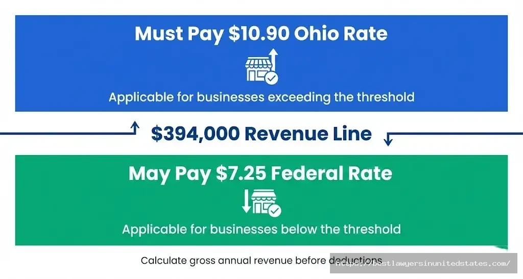 Ohio small business minimum wage threshold showing $394,000 revenue determines if $10.90 or $7.25 applies