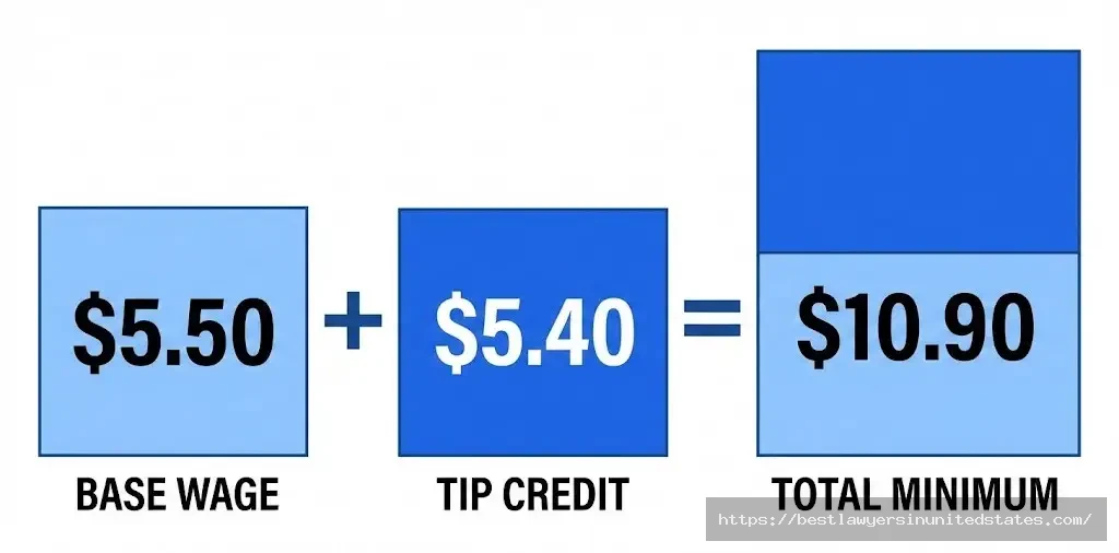 Ohio tipped worker wage calculation showing $5.50 base plus $5.40 tip credit equals $10.90 minimum