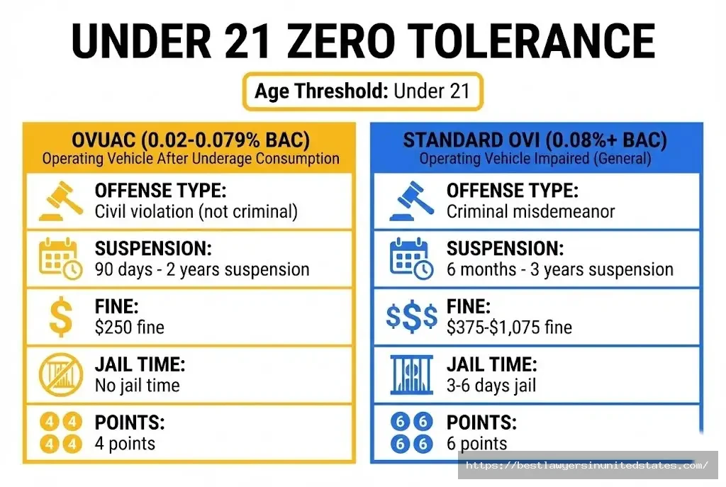 Ohio underage DUI penalties OVUAC vs OVI comparison, 0.02% limit for drivers under 21, zero tolerance law