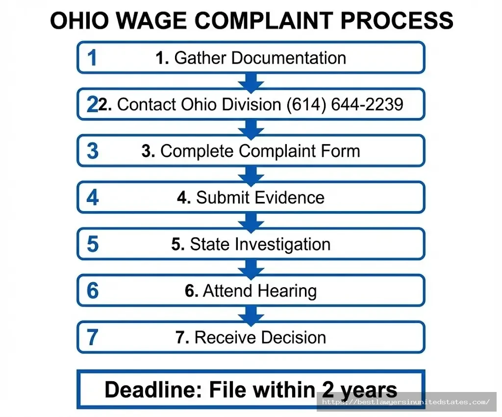 Ohio wage theft complaint filing process showing 7 steps from documentation to decision with 2-year deadline