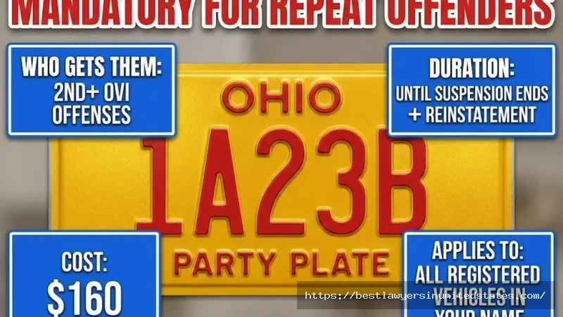 Ohio yellow license plates for DUI mandatory for 2nd offense OVI, red lettering, $160 cost, repeat offender requirement