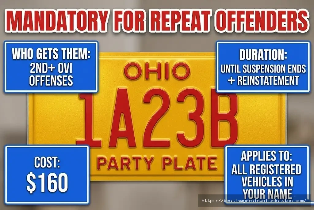 Ohio yellow license plates for DUI mandatory for 2nd offense OVI, red lettering, $160 cost, repeat offender requirement