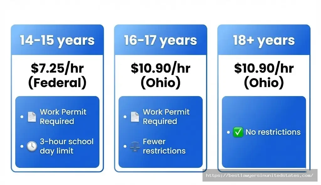 Ohio youth worker minimum wage by age showing $7.25 for ages 14-15 and $10.90 for ages 16 plus