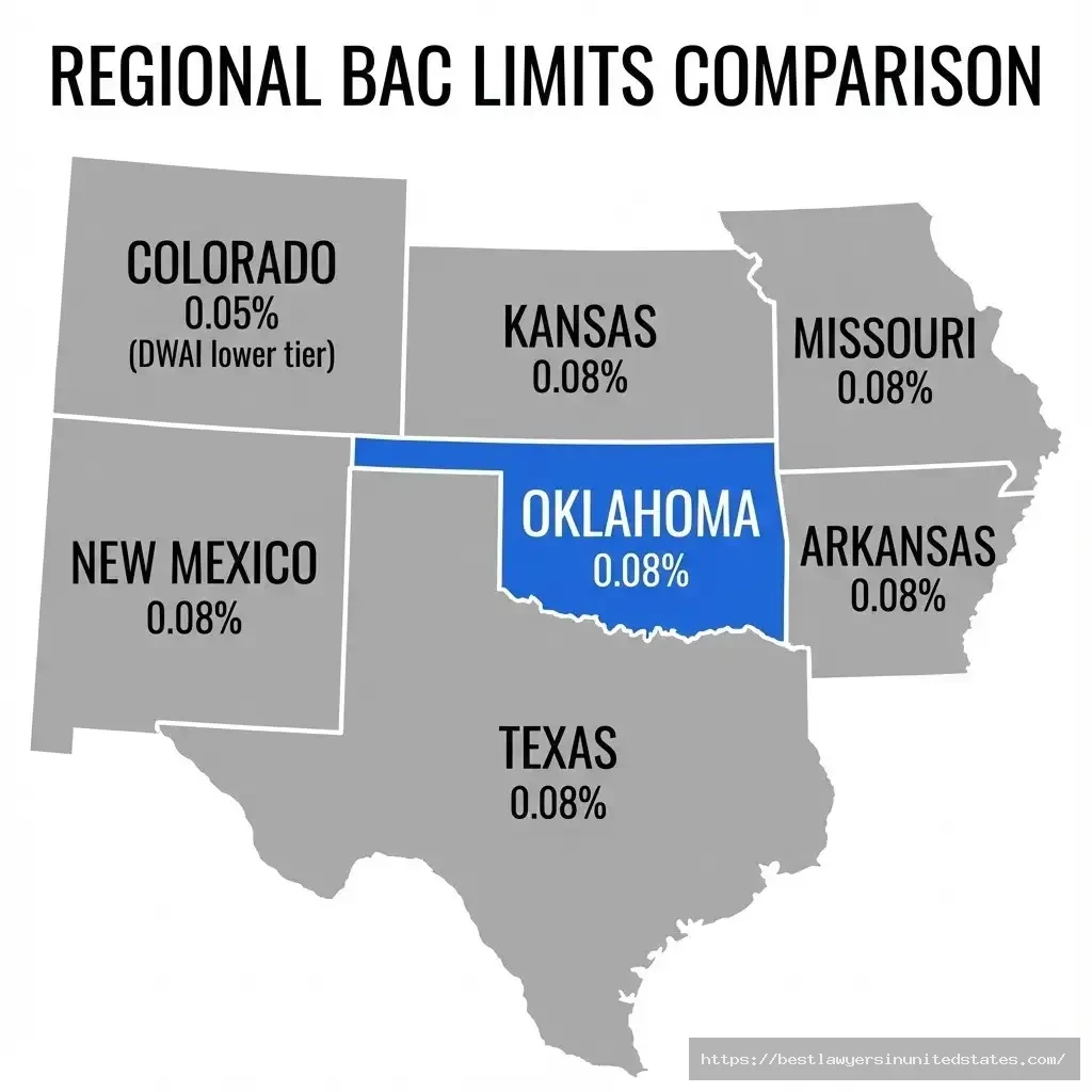 Oklahoma DUI BAC limit 0.08% compared to neighboring states Texas Kansas Missouri Arkansas map 2026