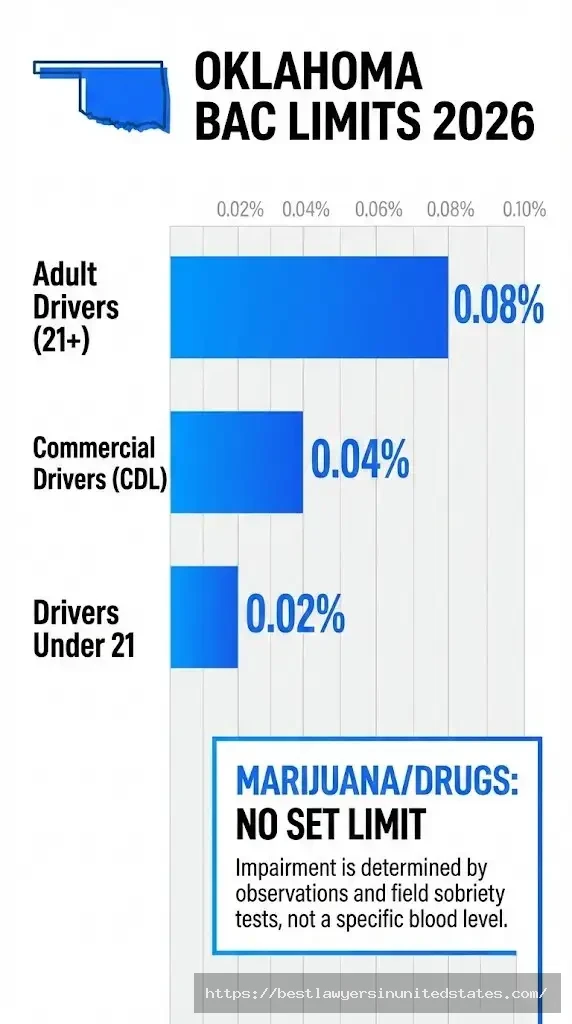 Oklahoma DUI BAC limits 2026 0.08% adults, 0.04% CDL, 0.02% under 21, no marijuana limit comparison chart
