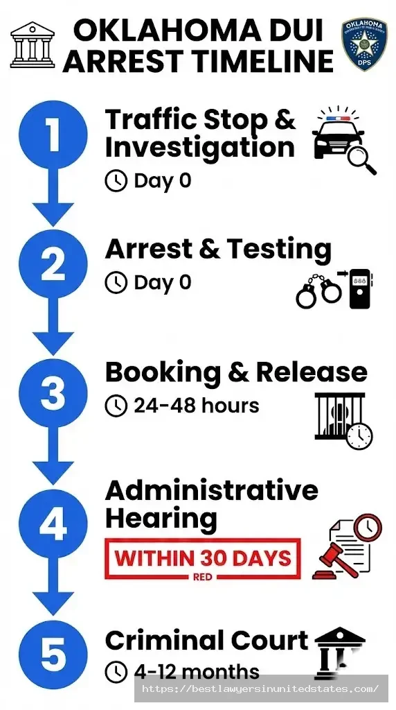 Oklahoma DUI arrest process timeline stop, booking, 30-day hearing deadline, court over 4-12 months flowchart