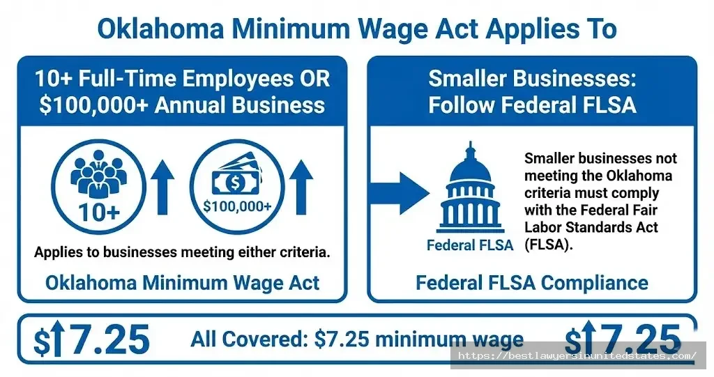 Oklahoma Minimum Wage Act applies to employers with 10 or more employees or $100,000 annual revenue