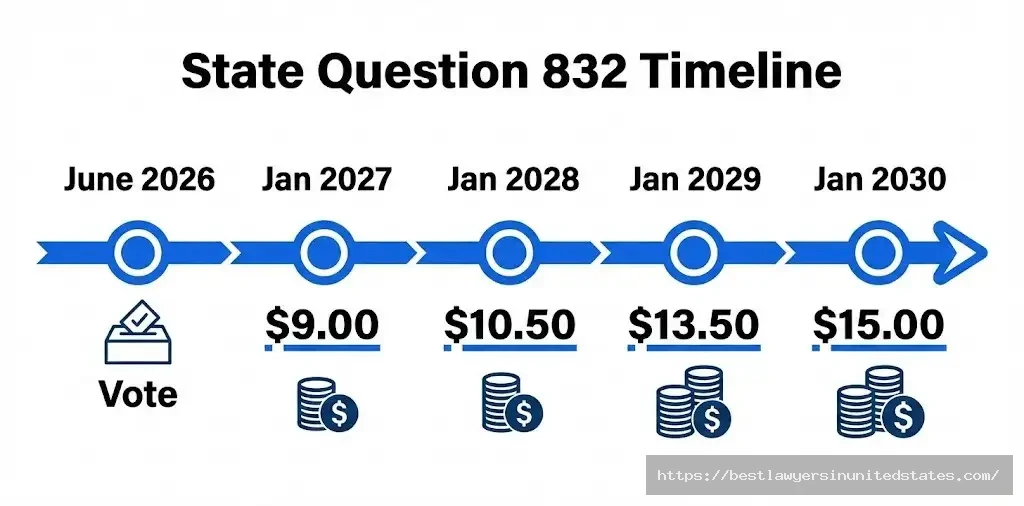Oklahoma State Question 832 proposes gradual minimum wage increases from $7.25 to $15 by 2030