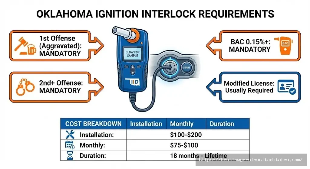 Oklahoma ignition interlock device IID requirements costs $100 install, $75 monthly, mandatory aggravated DUI