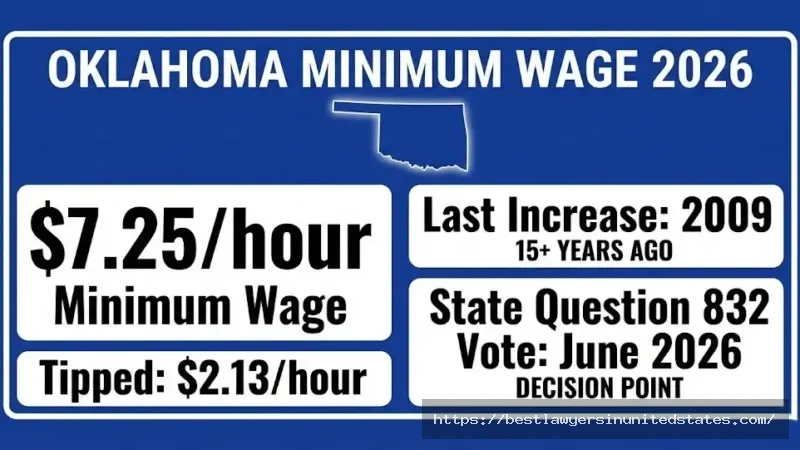Oklahoma minimum wage 2026 is $7.25 per hour with tipped wage at $2.13 per hour
