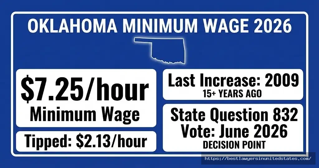 Oklahoma minimum wage 2026 is $7.25 per hour with tipped wage at $2.13 per hour