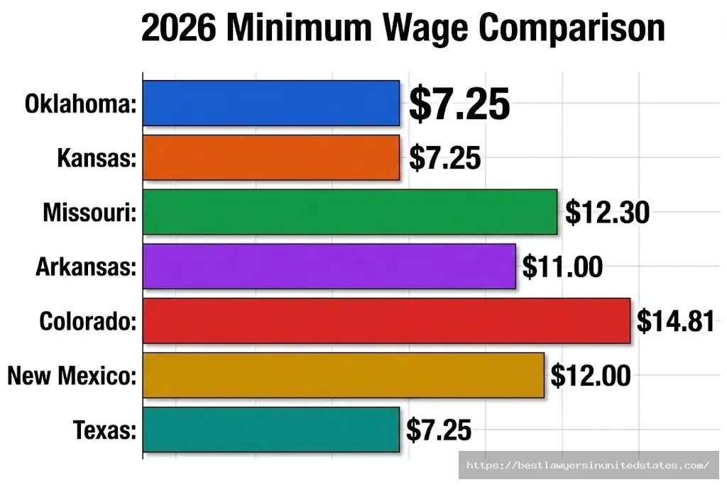 Oklahoma minimum wage comparison with neighboring states shows Missouri at $12.30 and Colorado at $14.81