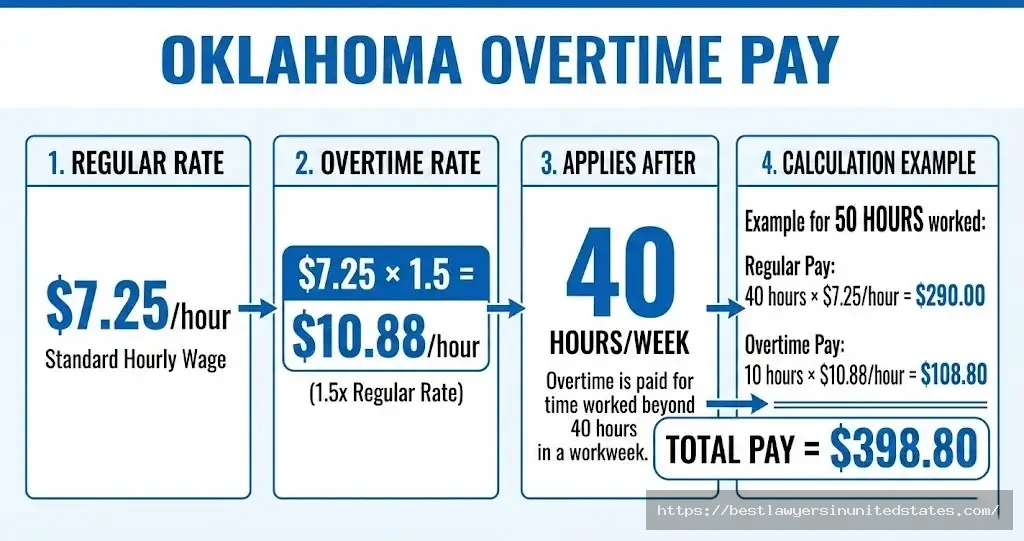 Oklahoma overtime pay is 1.5 times regular rate after 40 hours per week under federal FLSA