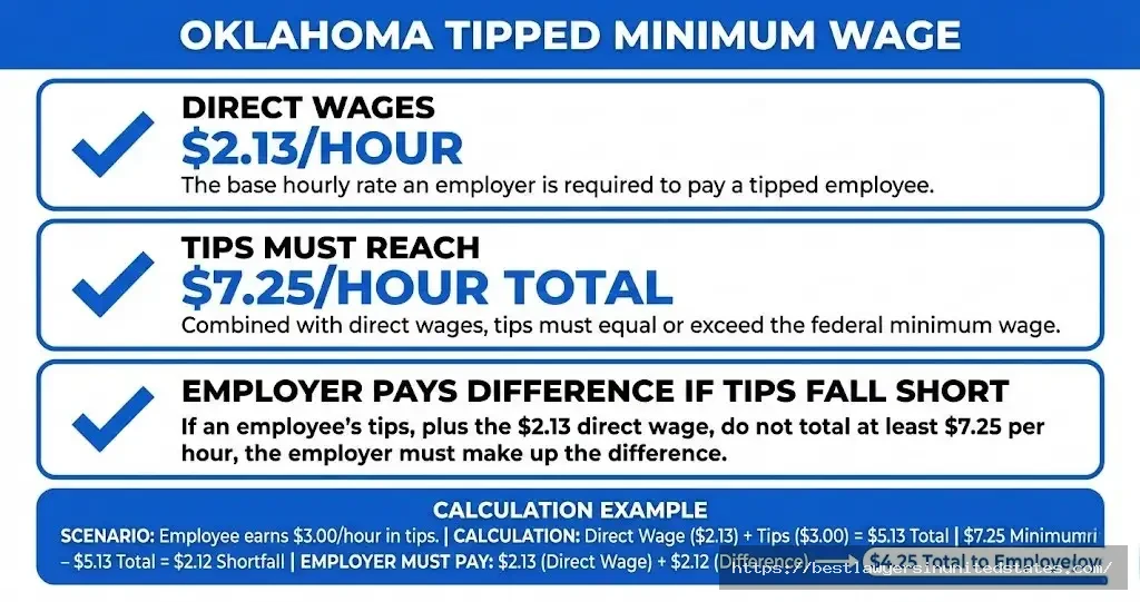 Oklahoma tipped minimum wage is $2.13 per hour with employers making up difference to $7.25