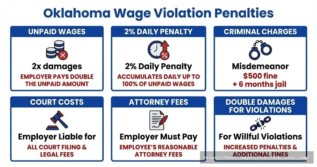 Oklahoma wage violation penalties include double damages and 2% daily penalty for unpaid wages