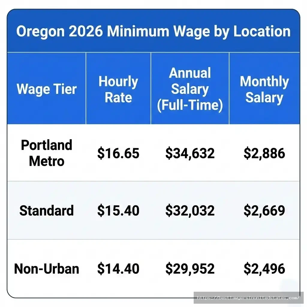 Oregon 2026 wage comparison Portland metro $16.65, standard $15.40, non-urban $14.40 with annual salaries