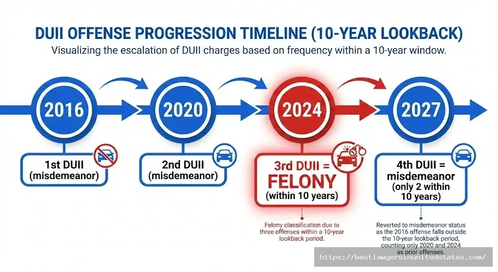 Oregon 3-in-10-years felony DUII rule timeline showing how third conviction within decade triggers Class C felony