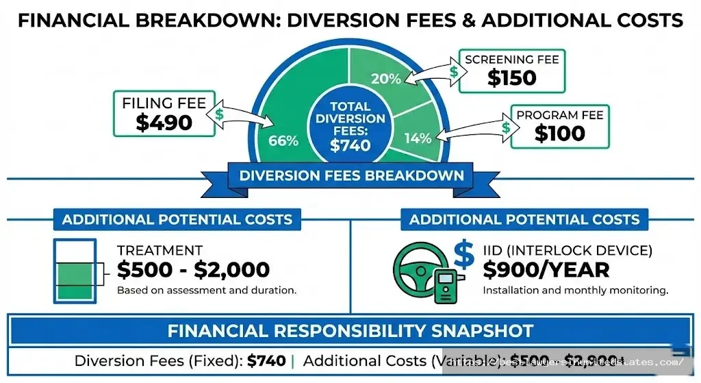 Oregon DUII diversion program costs $490 filing, $100 program, $150 screening fee totaling $740 plus treatment