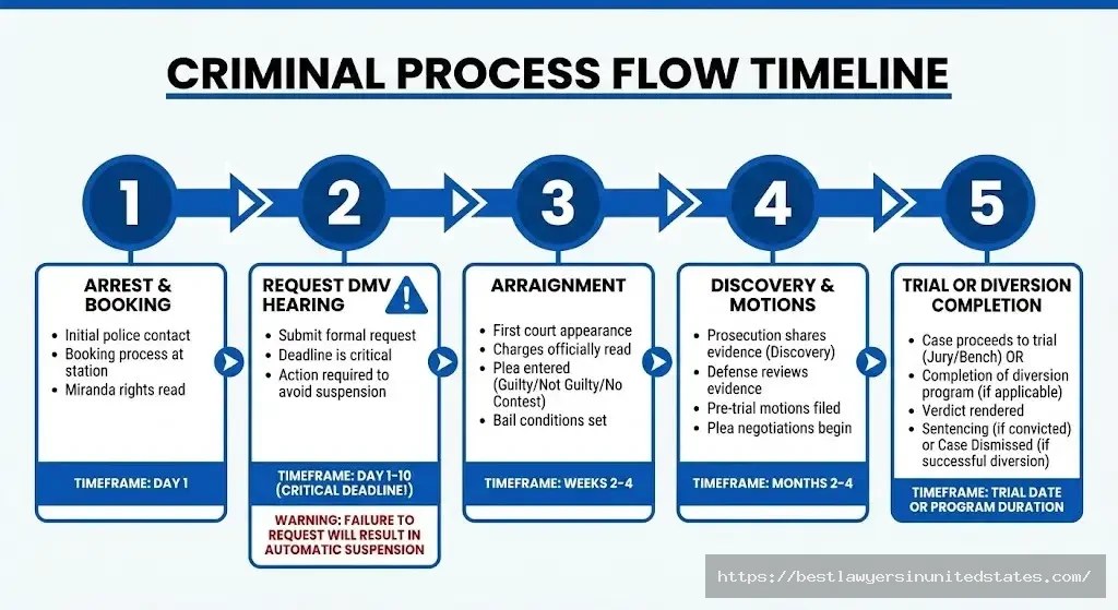 Oregon DUII legal process timeline from arrest through arraignment, discovery, and trial with critical 10-day DMV deadline