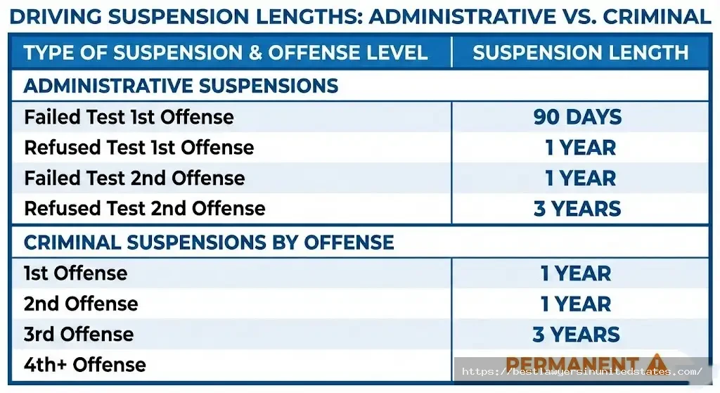 Oregon DUII license suspension chart comparing administrative vs criminal penalties from 90 days to permanent revocation