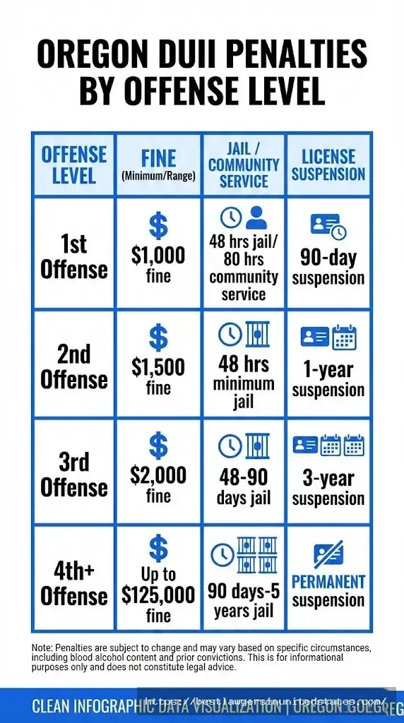 Oregon DUII penalties chart showing fines, jail time, and license suspension for 1st through 4th offense violations