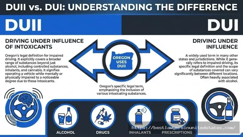 Oregon DUII vs DUI comparison showing state's unique intoxicants terminology covering alcohol, drugs, and inhalants