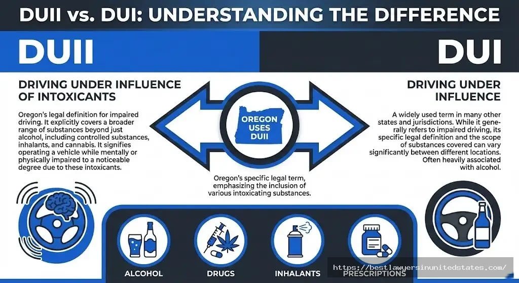 Oregon DUII vs DUI comparison showing state's unique intoxicants terminology covering alcohol, drugs, and inhalants