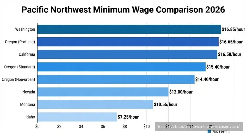 Oregon minimum wage $16.65 compared to Washington $16.85, California $16.50, Idaho $7.25 in 2026