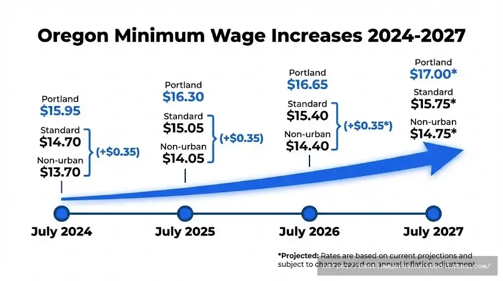 Oregon minimum wage history showing increases from 2024-2027 with Portland metro reaching $16.65 in 2026