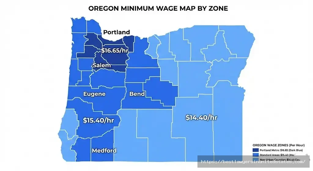 Oregon minimum wage map showing Portland metro $16.65, standard $15.40, non-urban $14.40 wage zone