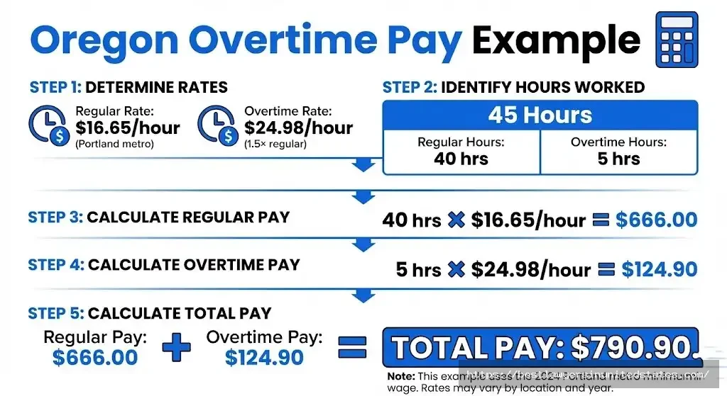 Oregon overtime calculation example showing $16.65 regular rate becoming $24.98 overtime rate for 45-hour week