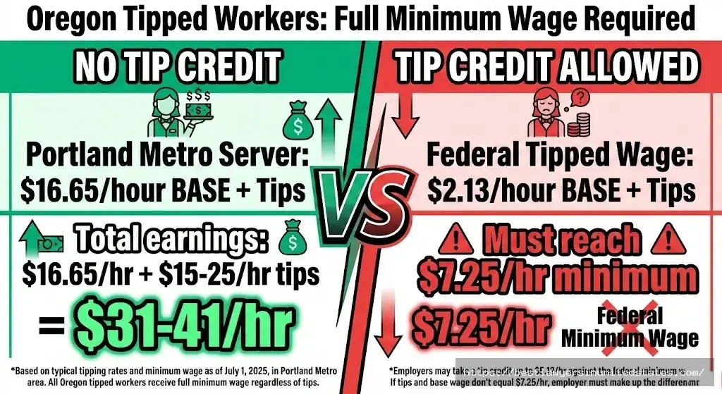 Oregon servers earn $16.65hour plus tips vs federal $2.13 tipped minimum wage comparison chart