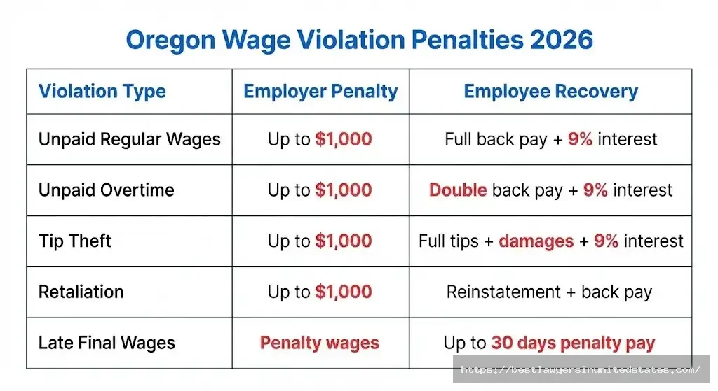Oregon wage violation penalties including up to $1,000 fines and double back pay for unpaid overtime