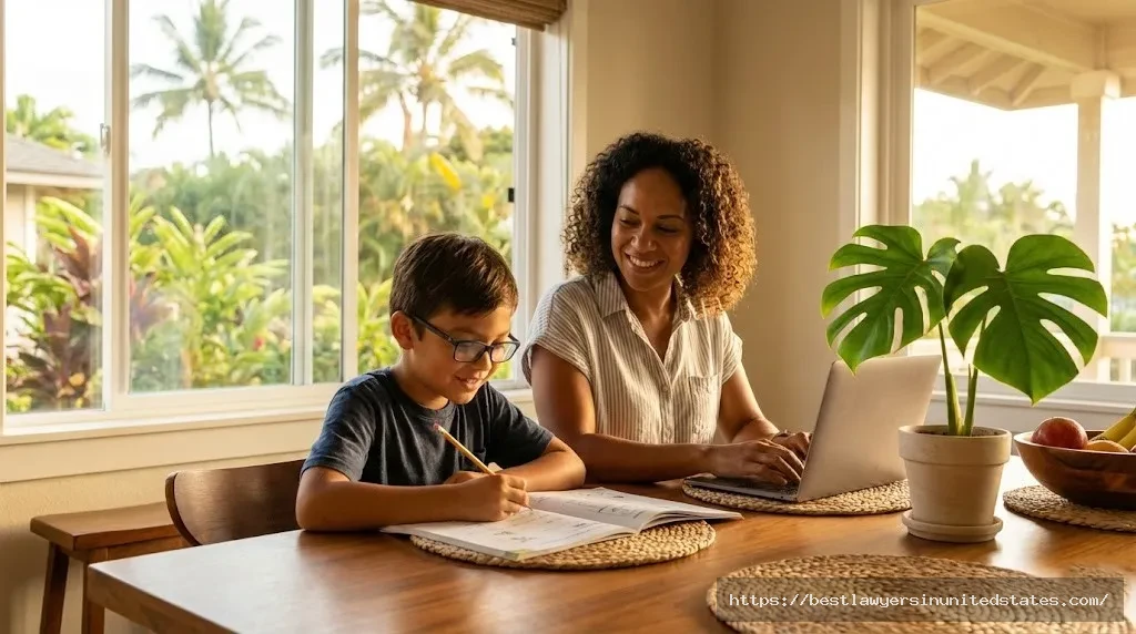 Parent and child at home in Hawaii representing family stability during divorce and co-parenting transition