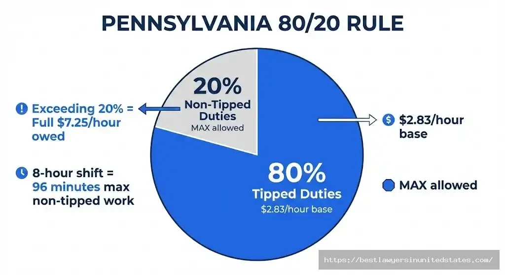 Pennsylvania 8020 rule for tipped workers showing maximum 20% time on non-tipped duties to maintain tip credit