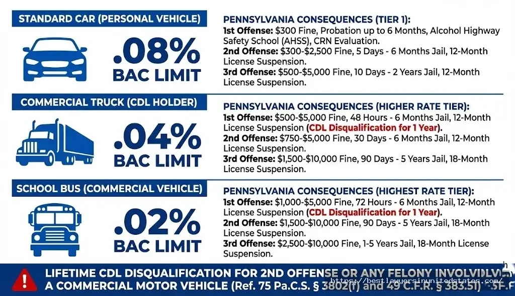 Pennsylvania CDL DUI limits - .08% standard, .04% commercial, .02% school bus under Pa.C.S. 3802(f)