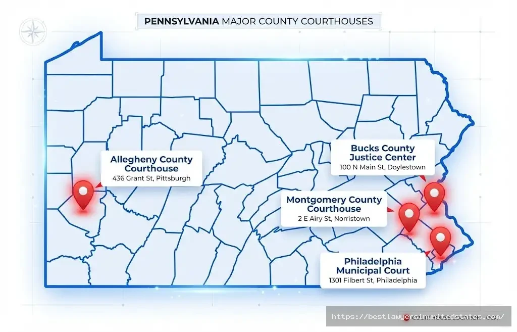 Pennsylvania DUI court locations map showing Philadelphia, Montgomery, Bucks and Allegheny county courthouses