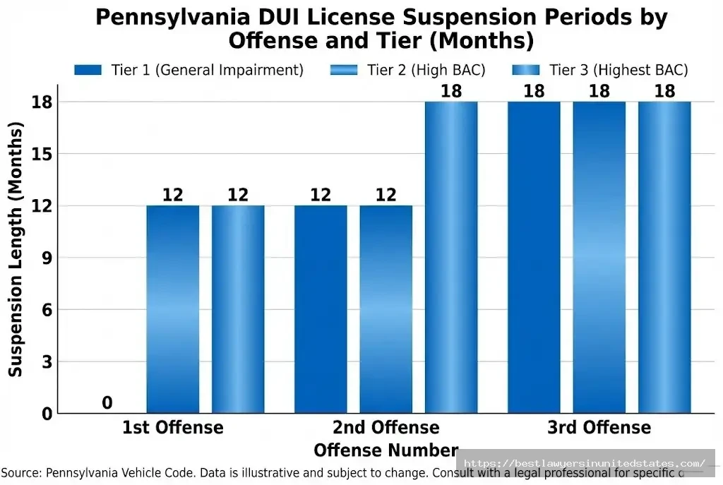 Pennsylvania DUI license suspension periods by tier - 0 to 18 months for first through third offense