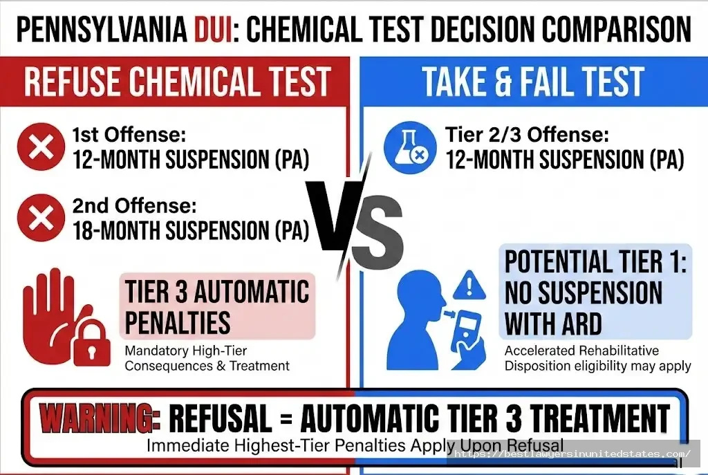 Pennsylvania DUI refusal penalties vs test failure - 12-18 month suspensions and Tier 3 consequences