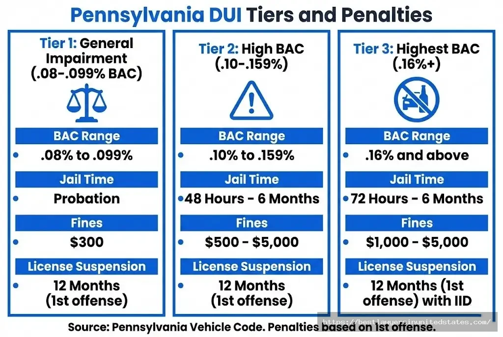 Pennsylvania DUI three-tier penalty system showing BAC levels, fines, jail time and suspensions for each tier